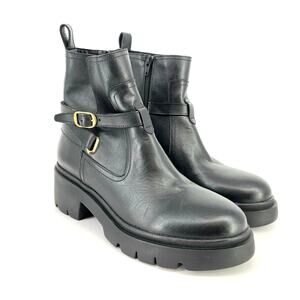 Steve Madden Colletta Leather Buckle Lug Sole Boots Womens Size 9 Black